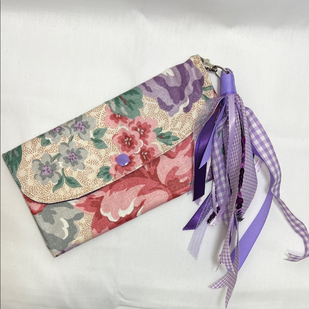 Handmade Vintage Floral Print Clutch with Purple Tassel Key Attachment